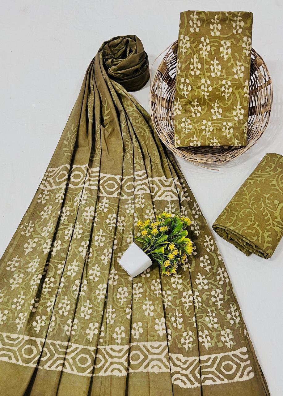 Wholesale Handblock Printed Cotton Mul Mul Dress Material Set with Mul Dupatta – Olive Color, Handcrafted in Rajasthan for Designers, Boutiques, and Bulk Orders